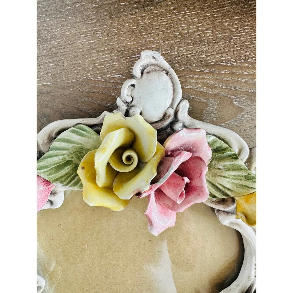 Vintage Italian Capodimonte Ceramic Rose‎ Photo Frame Ornate White Made in Italy